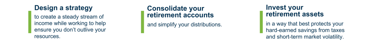 Design a strategy to create a steady stream of income while working to help ensure you don’t outlive your resources. Consolidate your retirement accounts and simplify your distributions. Invest your retirement assets in a way that best protects your hard-earned savings from taxes and short-term market volatility.